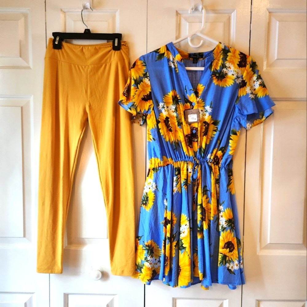 Dress Day Sunflower Button Tie Dress  Large w/ Lularoe Gold Leggings One Size